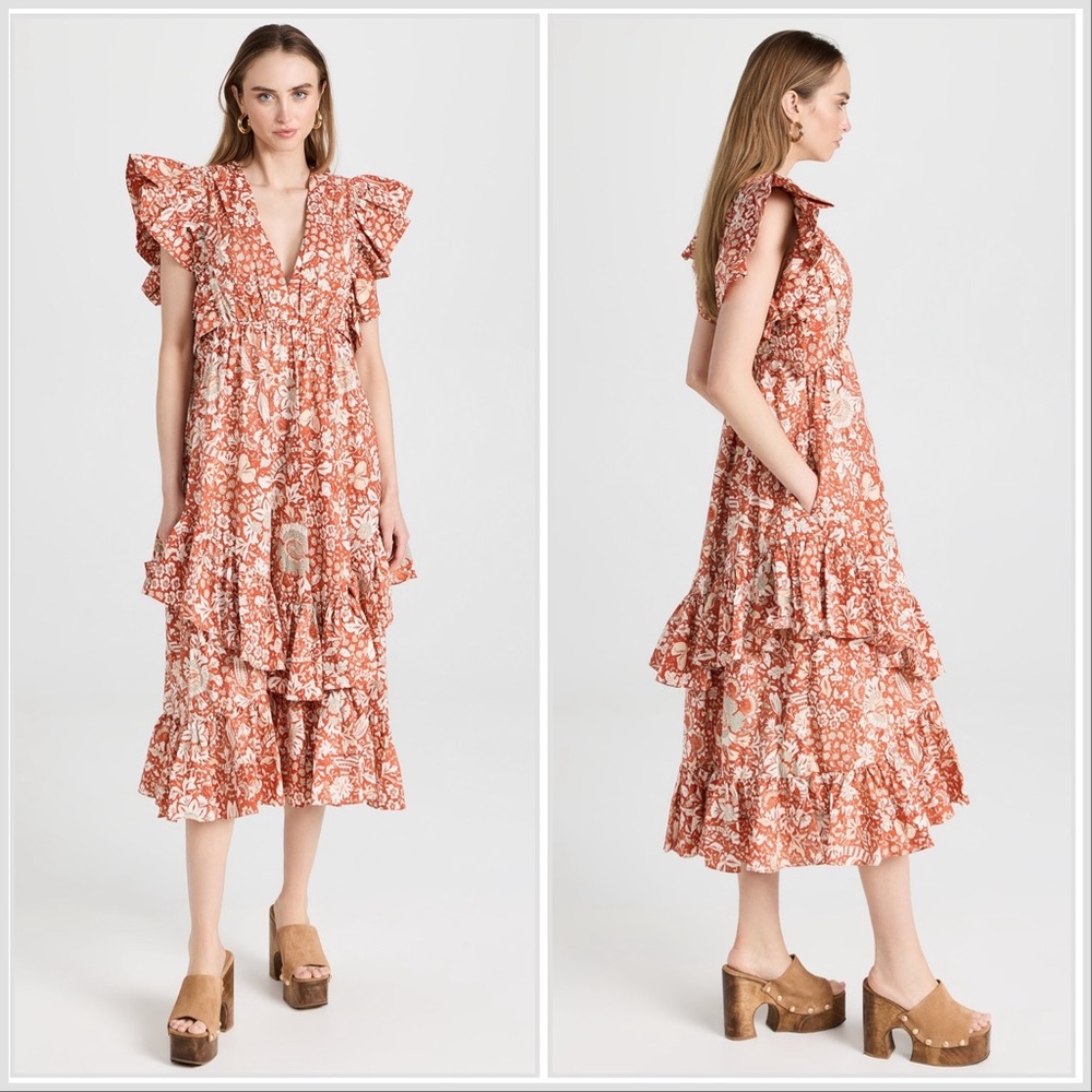ULLA JOHNSON Delila Midi Ruffle Floral Dress Orange Blossom Sz 4 - Picture 3 of 15